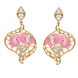 Pink lotus earrings with enamel, diamonds and polki