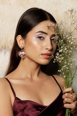Pink lotus earrings with enamel, diamonds and polki